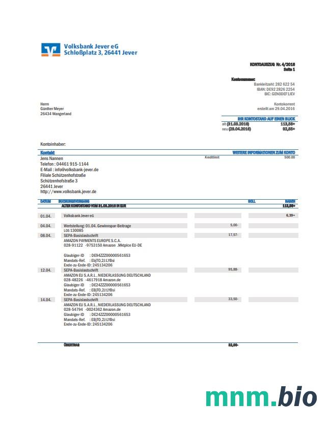 Niemcy Volksbank Jever szablon w formacie excel pdf